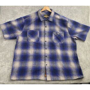 FB County Shirt Men 4XL Blue Gray Plaid Wool Short Sleeve Button Flannel Cholo